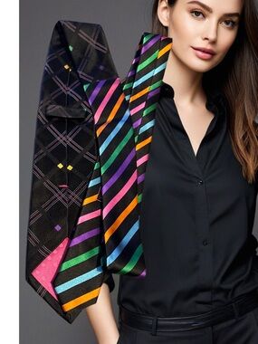 Two Black Patterned Silk Ties- Multicolor Accent